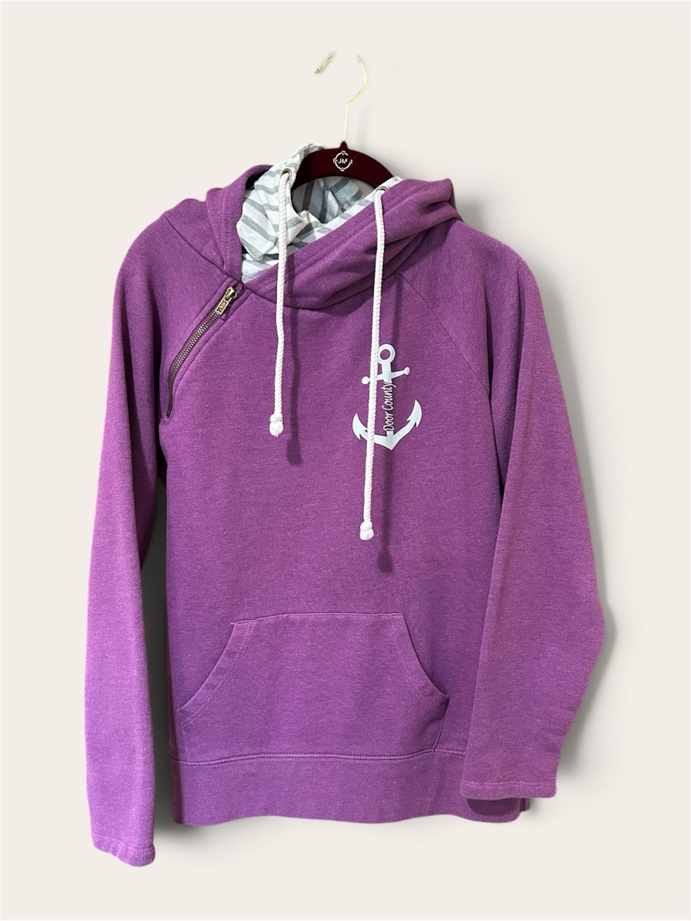 Purple Anchor Pullover Hoodie Sweater with Door County anchor print